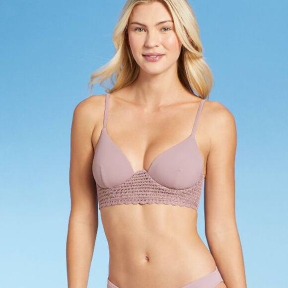 Shade & Shore Bikini Top Lavender Crochet Detail Tie Back Swimsuit Top Size 34B - Picture 2 of 12